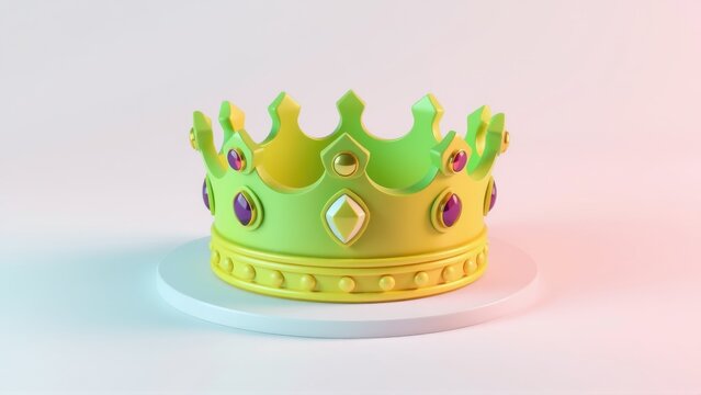 Bright crown sits atop pedestal. Green, gold colors dominate design. Gems accent regal headwear. Simple studio lighting.