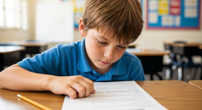 Boy reading worksheet instructions in classroom with focus on text and pencil. Child concentrates on academic task while seated at desk, emphasizing importance of study.