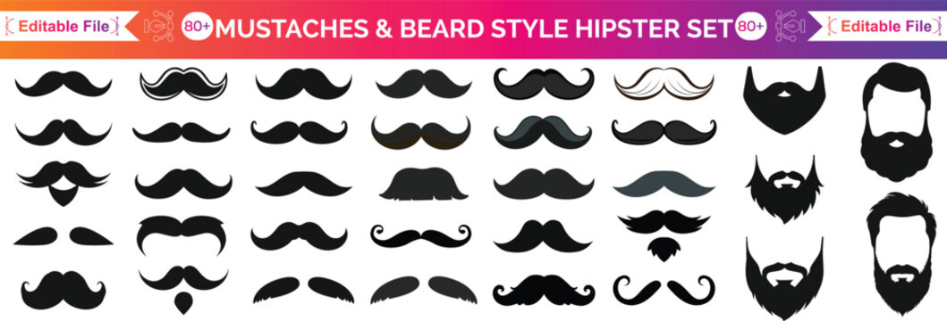 Vintage black mustache icon set featuring retro handlebar, walrus, pencil, and curly designs.
