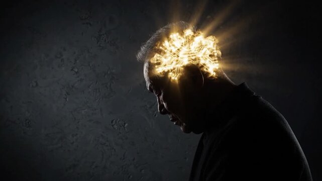 Senior man silhouette, glowing circuit brain, cognitive health