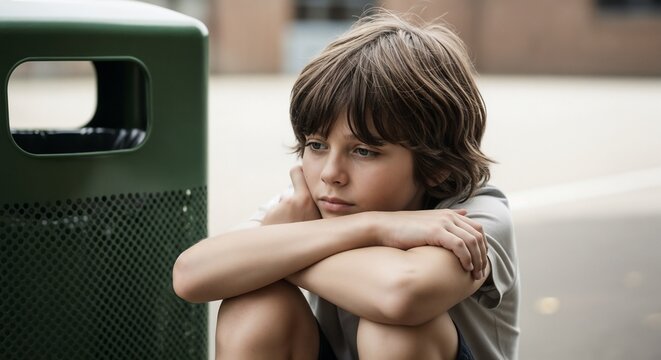 Thoughtful boy sitting near trash can, a moment of solitude and reflection captured in outdoor environment. Young boy, with arms wrapped around knees,
