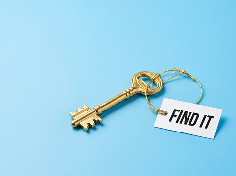 Golden key with a find it tag on blue background suitable for business concepts symbolizing the search for answers and unlocking solutions