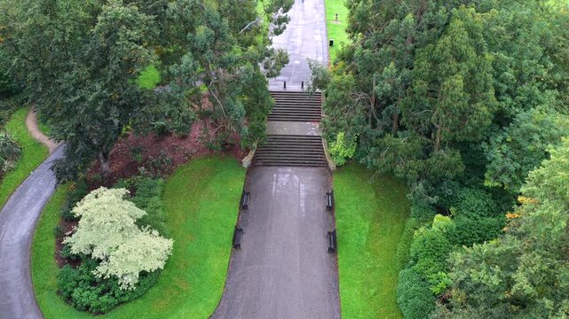 Aerial video of Alexandra Park Walking Promenade and Stone Steps in Oldham, Greater Manchester. 