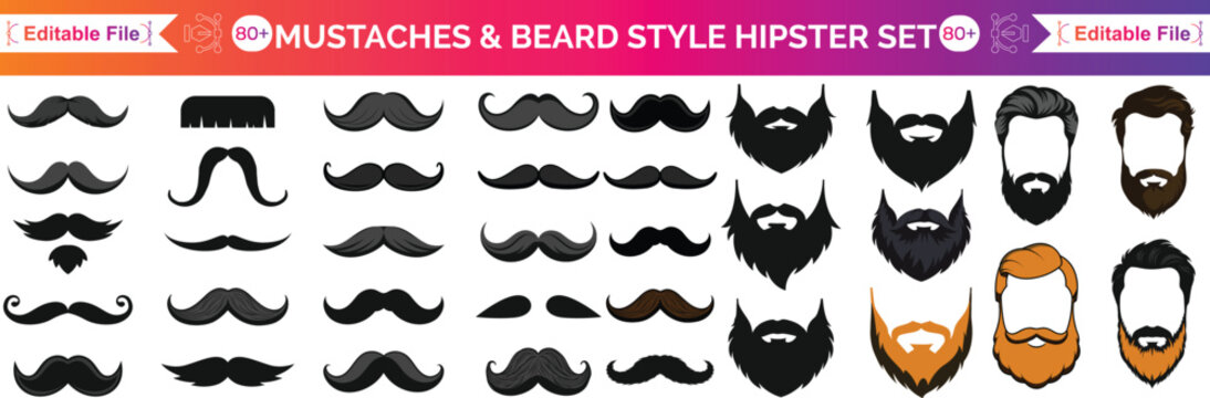 Mustaches, Beard and Sunglasses style set big Vintage black mustache icon set featuring retro handlebar, walrus, pencil, and curly designs.