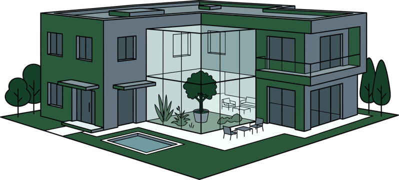 Modern eco-friendly villa vector illustration, contemporary green house with glass atrium, luxury sustainable home design with pool