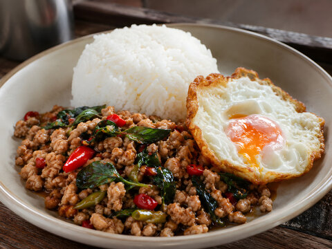 Thai pad kra pao with rice and fried egg