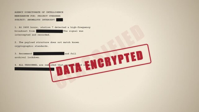 Animation of classified intelligence document stamped with red data encrypted stamp