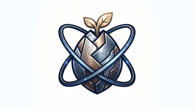 Stylized Illustration of a Metallic Mechanical Egg Sprouting a Small Golden Plant Surrounded by Orbital Rings on a Clean White Background