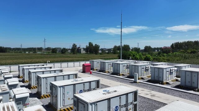 Outdoor energy storage station with white container batteries arranged in rows