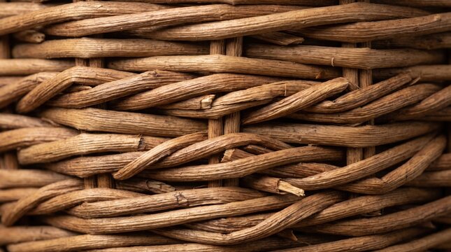 Willow basket weaving forms an intricate pattern of intertwined natural fibers, creating a rustic and organic background texture ideal for design elements