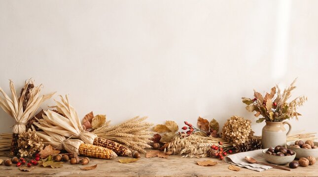 Autumn harvest decoration with corn and dried plants on wooden table