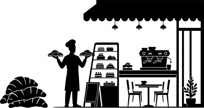 Silhouette of a chef holding trays of croissants in front of a bakery shop with display cases, white background