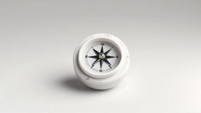 White compass rests against gray background. Needle points toward north. Simple design, navigational tool, orientation device.