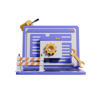 Front View Angle Laptop with Tools and Traffic Barrier 3D Render Illustration Representing an Under-Maintenance Website