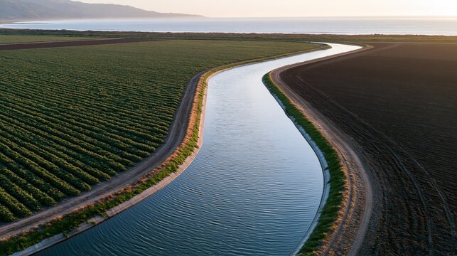 The Serpentine Canal Winding Through Lush Farmland Under Golden Sunset Light