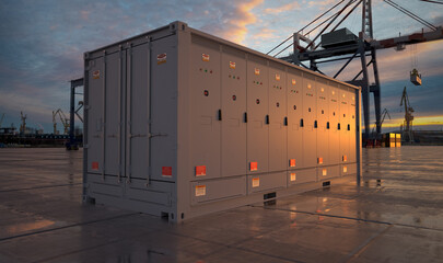 A container-based electricity storage facility after unloading at the port's wharf