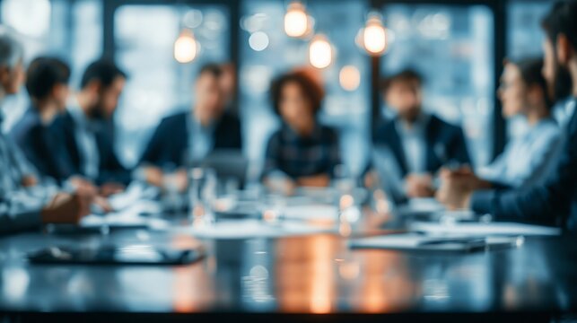 Diverse business professionals collaborate during productive evening conference meeting in modern office setting with warm glowing blurred bokeh background lights