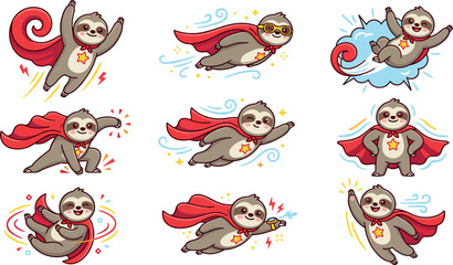 Cute cartoon superhero sloth vector illustration set featuring funny animal characters flying with red cape and mask isolated on white background © SARIFA