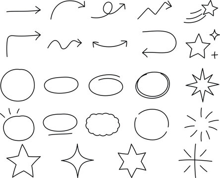 Hand Drawn Arrow and Circle Doodle Set, Scribble Outline Vector Elements
