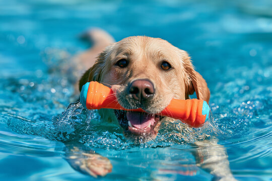 Labrador retriever swimming with toy float, photorealistic commercial dog -  