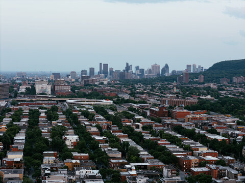 Montreal cityscape aerial view with Saint Joseph Church and urban neighborhood in Quebec, Canada. g.