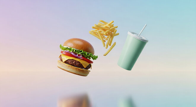 Delicious Burger, Fresh Fries, and Soda Floating in Air. Anti-Gravity Fast Food Photography. Colorful Gradient Background. Casual Meal Concept.