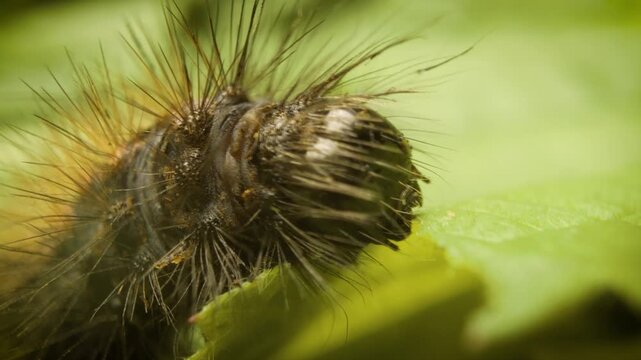 Scarce dagger larva (Acronicta auricoma) extreme close up feeding on a leaf