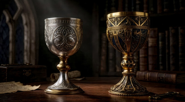 Ornate Medieval Chalices on Wooden Table