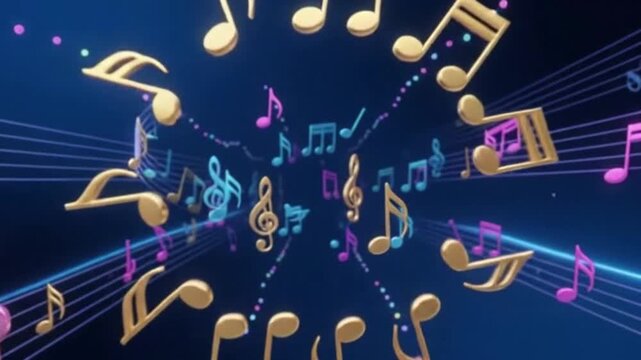 Gold and purple musical notes swirling on navy, 4K video

