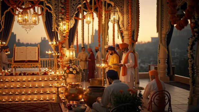 Devotees Gather For Sikh Religious Ceremony With Oil Lamps And Holy Book
