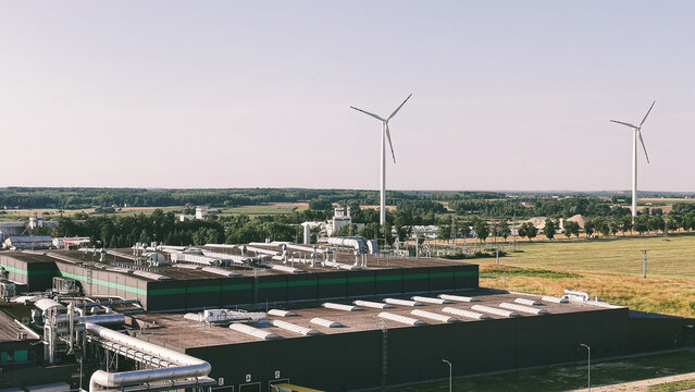 Drone shot of modern corporate campus and office buildings in business district