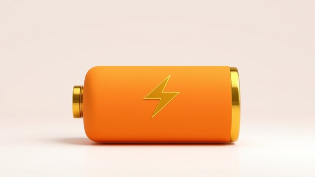 Orange battery lies horizontally. Gold accents highlight ends, central lightning bolt symbol present. Simple studio lighting.