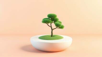 Obraz premium Minimalist bonsai tree sits atop white base. Soft lighting creates gentle shadows, warm peach background. Simple, serene composition.