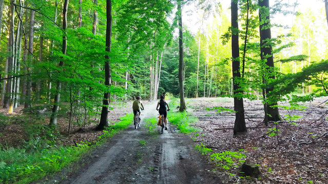 Happy couple traveling through nature by bicycle