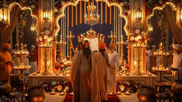 Devotees gathered for religious ceremony in brightly lit ornate hall