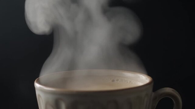 Dense white steam plumes rising from a hot beverage in a ceramic mug