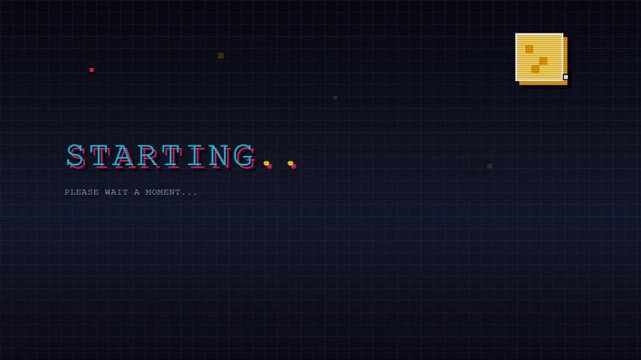 Dark grid background with glowing pixel text. Colorful pixels float across the scene. Bright square icon sits calmly in the corner. Awaiting start, this image evokes digital pause