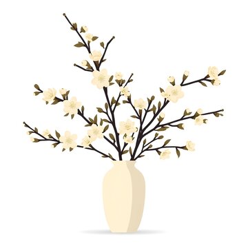 Artificial white cherry blossom branches in vase flat vector line art illustration isolated on white background