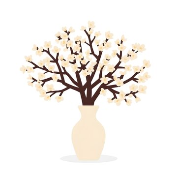 Artificial white cherry blossom branches in vase flat vector line art illustration isolated on white background