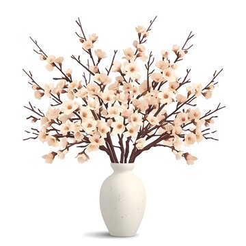 Artificial white cherry blossom branches in vase flat vector line art illustration isolated on white background