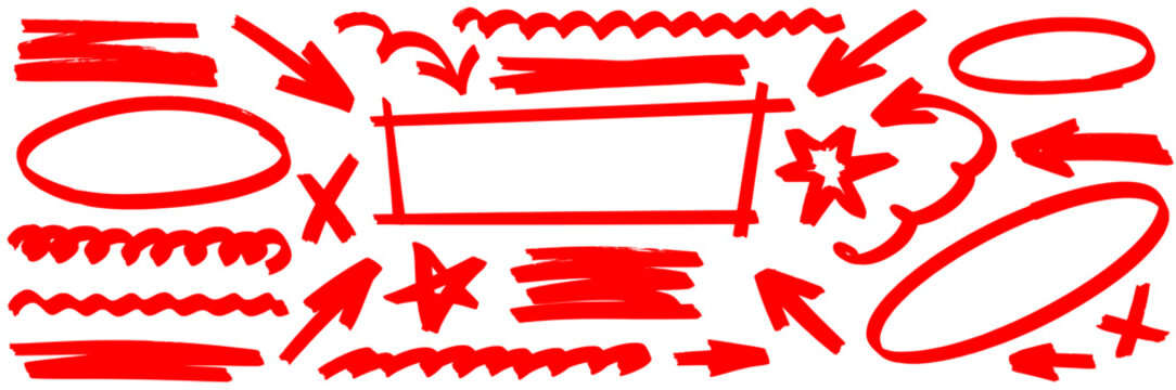 Highlight marker oval box set. Hand drawn highlight marker oval arrow line pen brush star banner label streak. Cute bold red sale tag flyer branding texture background. Vector illustration