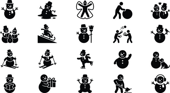 Snowman Winter Activities and Holiday Fun Vector Icons Set