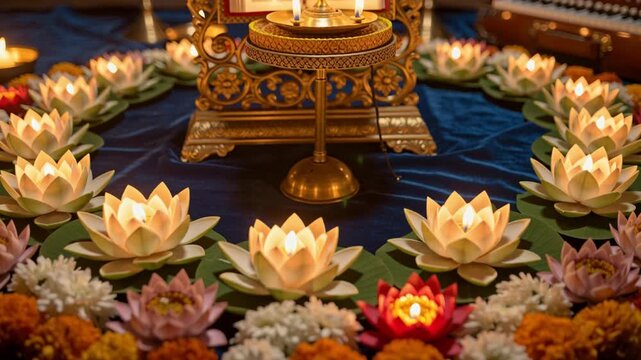 Sacred scripture on ornate stand surrounded by lotus flowers and candles