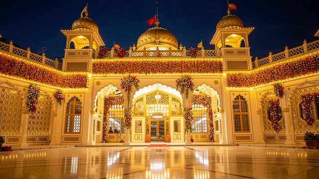 Majestic illuminated Sikh temple exterior decorated with flowers during night festival