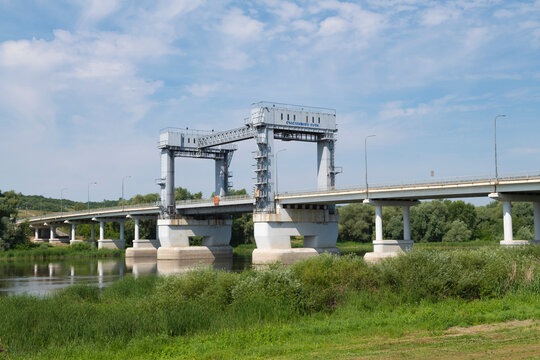 A view of the road bridge over the Don River on a sunny July day. Kazanskaya, Rostov Oblast