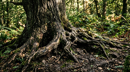 Obraz premium Exposed tree roots at the base of an ancient trunk in a dense forest