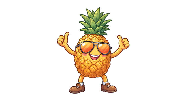 Cool cartoon pineapple character with sunglasses giving thumbs up transparent background