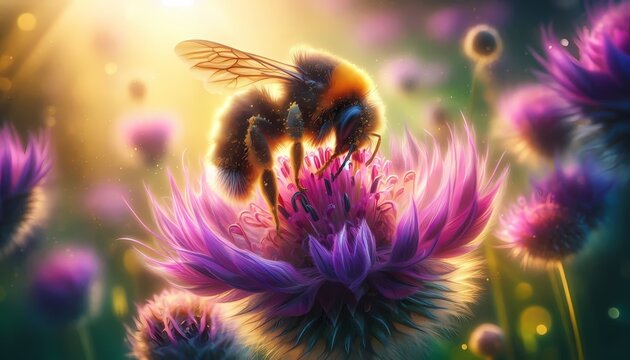 A beautiful, hyper-realistic close-up of a bumblebee pollinating a wildflower, Ai generated image