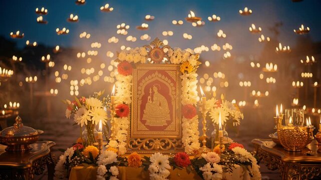 Illuminated altar with portrait and glowing candles during religious festival celebration