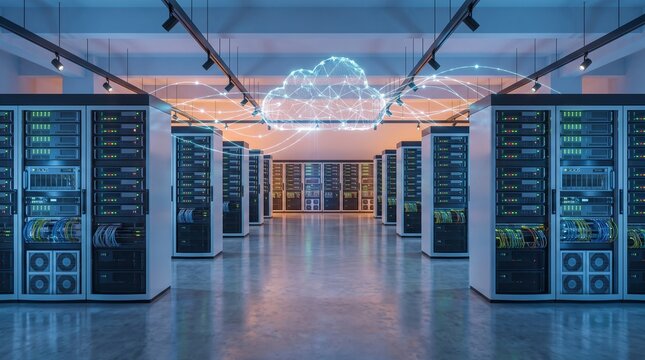 Modern data center with cloud computing network visualization